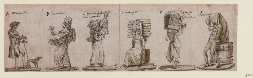  [Petits métiers, cris de Paris]. A aveugle. B bouquetierre [sic]. B balais de bouleau, balais de roseaux. B boulangere. B babet la blanchisseuse. C charbonnier : [dessin] / [Claude-Louis Desrais]