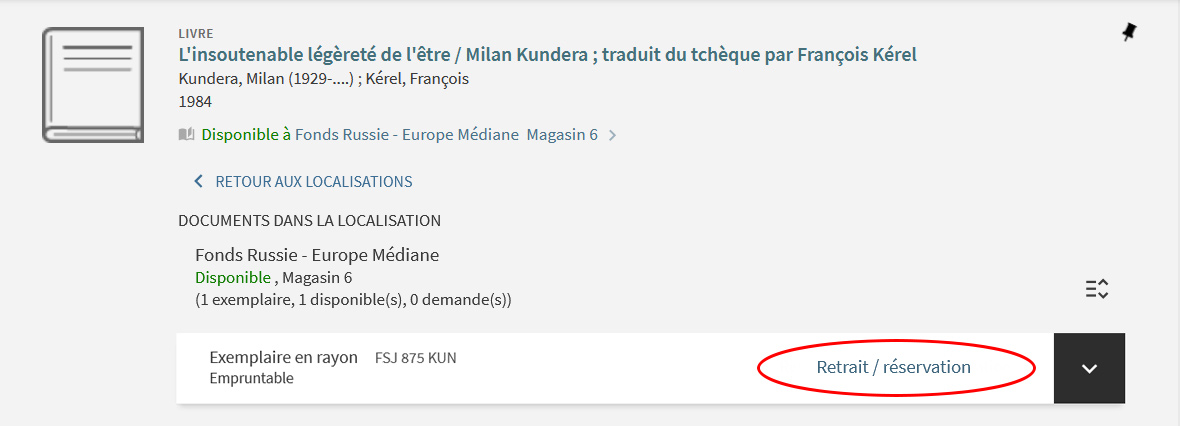 Cliquer sur le bouton "Retrait / réservation" sur la notice de l'ouvrage que vous souhaitez consulter.